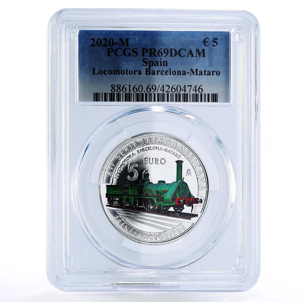 Spain 5 euro Locomotive Barcelona - Matara PR69 PCGS colored silver coin 2020