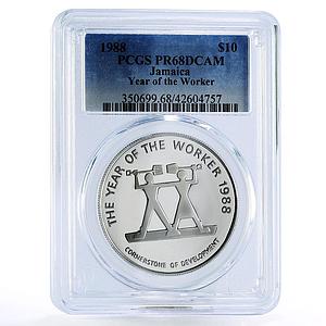 Jamaica 10 dollars Year of the Worker PR68 PCGS silver coin 1988