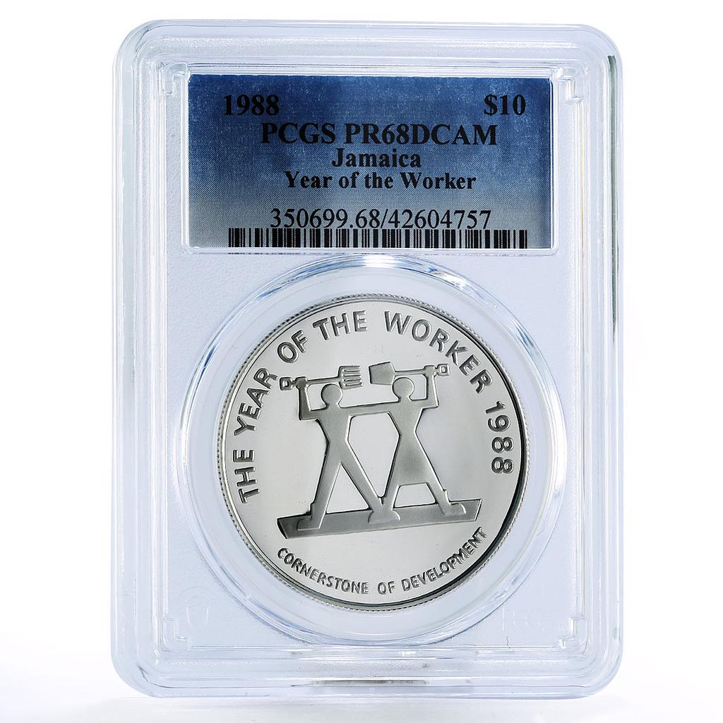 Jamaica 10 dollars Year of the Worker PR68 PCGS silver coin 1988