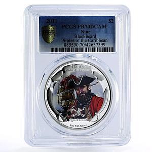 Niue 2 dollars Caribbean Pirates Blackbeard PR70 PCGS colored silver coin 2011