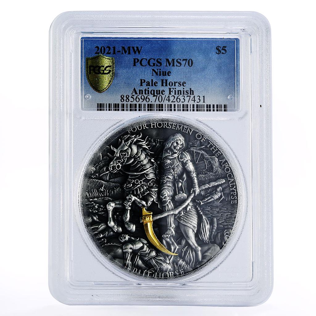 Niue 5 dollars Four Horsemen Apocalypse Pale Horse MS70 PCGS silver coin 2021