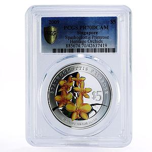 Singapore 5 dollars Flowers Spathoglottis Primrose PR70 PCGS silver coin 2009