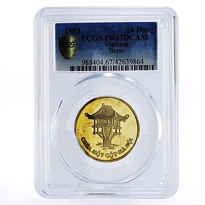 Vietnam 10 dong Pagoda Temple Buildings Architecture PR67 PCGS brass coin 1989