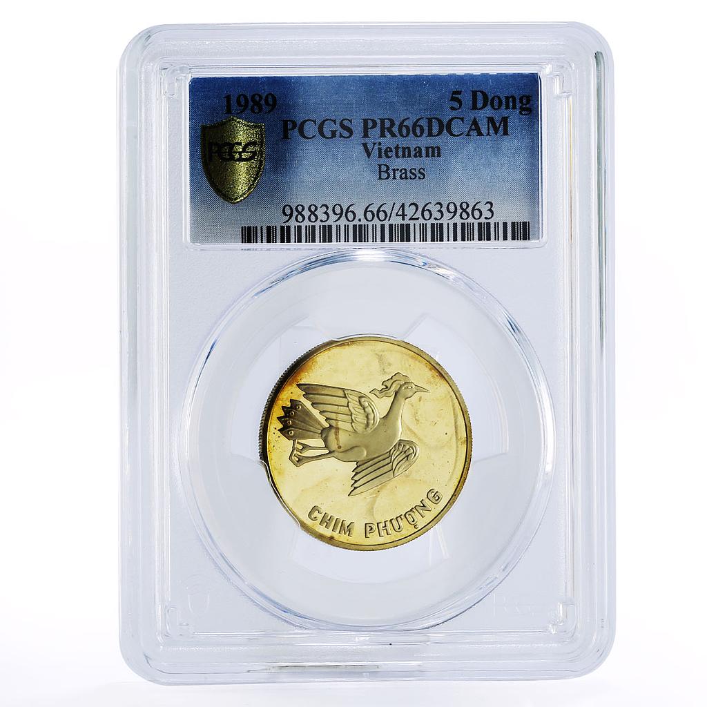 Vietnam 5 dong Mythological Bird Phoenix Animals Fauna PR66 PCGS brass coin 1989