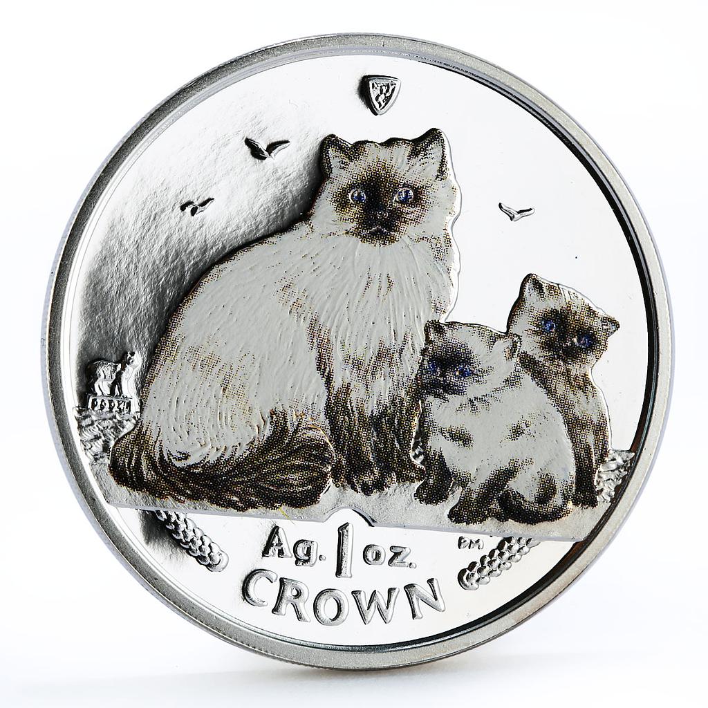 Isle of Man 1 crown Home Pets Ragdoll Cat with Kittens colored silver coin 2007