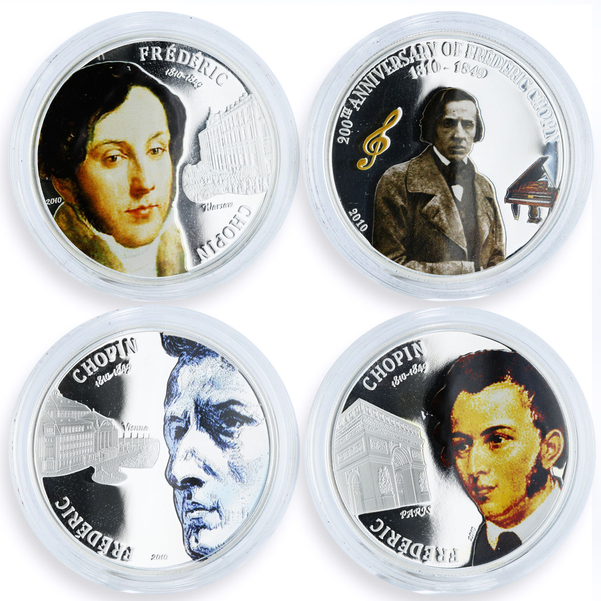 Palau set of 4 coins 200 Years to Frederic Chopin silverplated CuNi coins 2010