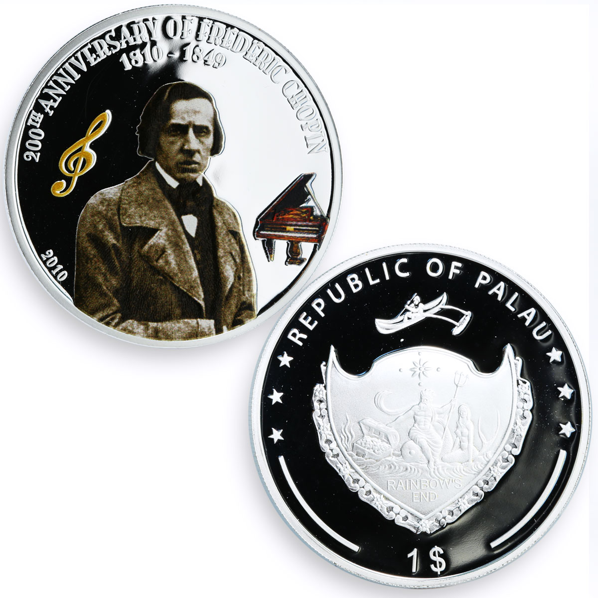 Palau set of 4 coins 200 Years to Frederic Chopin silverplated CuNi coins 2010