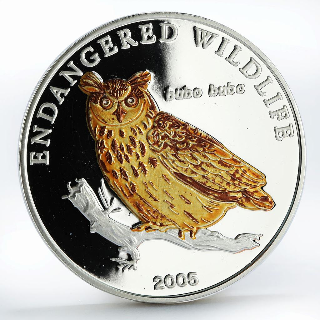 Mongolia 500 togrog Eurasian Owl Bubo silver coin 2005