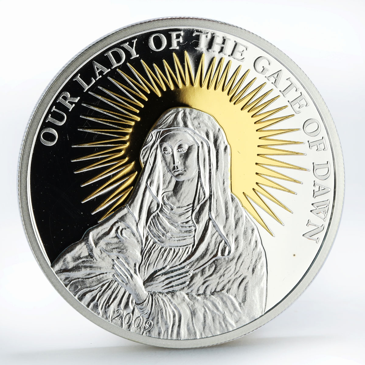 Palau 5 dollars Our Lady of the Gate of Dawn Icon gilded proof silver coin 2009