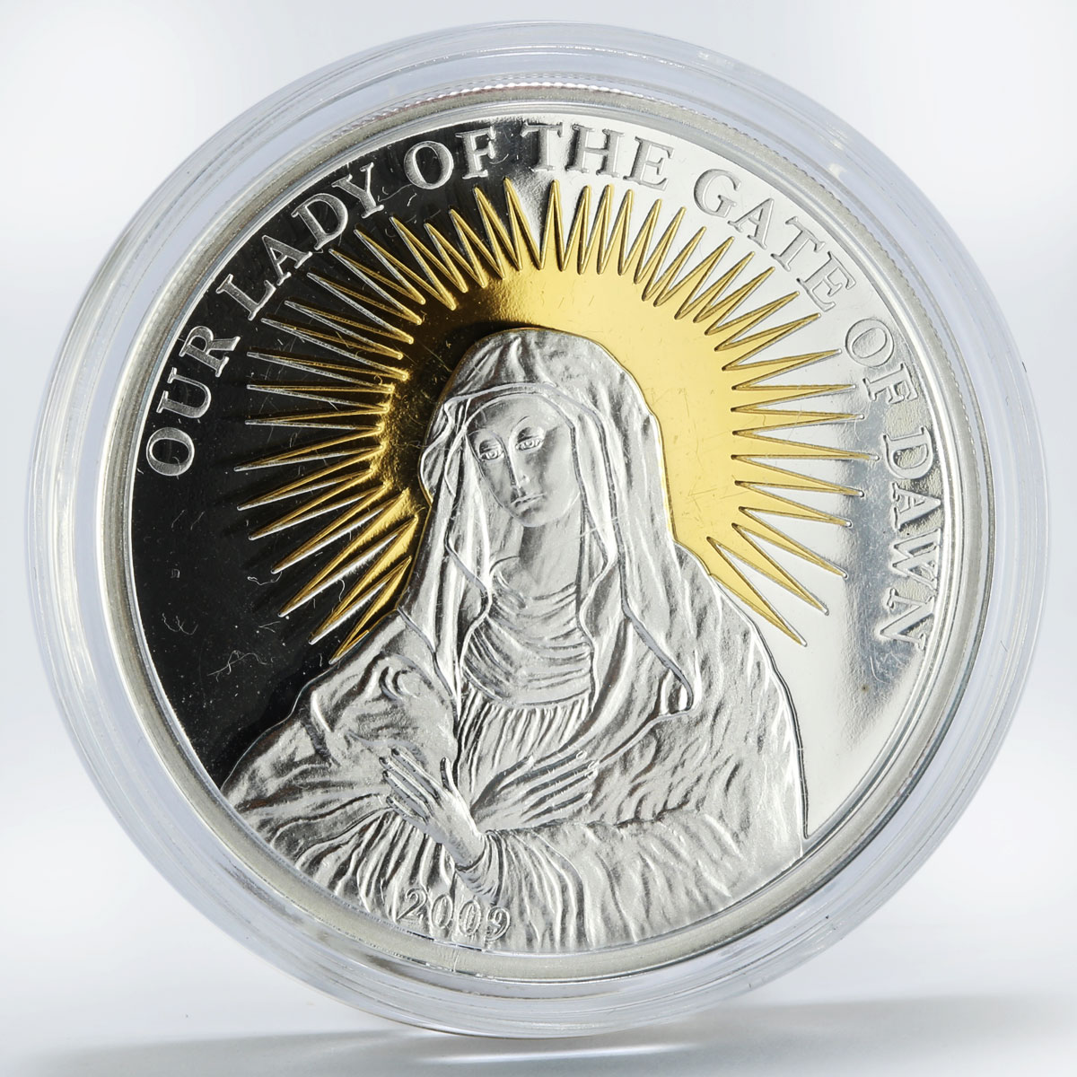 Palau 5 dollars Our Lady of the Gate of Dawn Icon gilded proof silver coin 2009