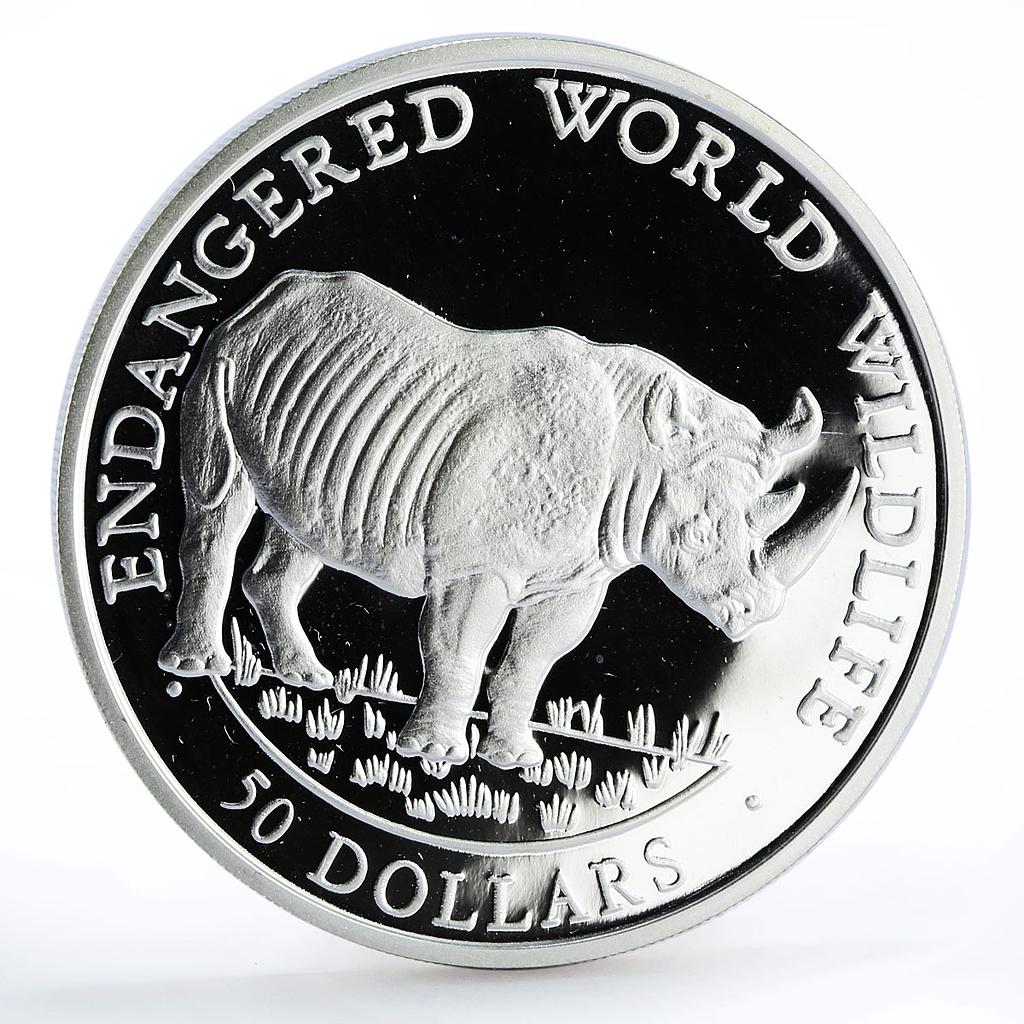 Cook Islands 50 dollars Endangered Wildlife Black Rhinoceros silver coin 1990