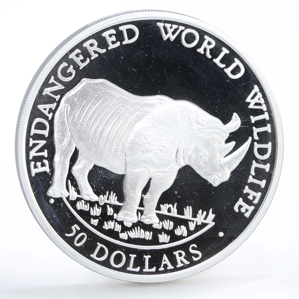 Cook Islands 50 dollars Endangered Wildlife Black Rhinoceros silver coin 1990