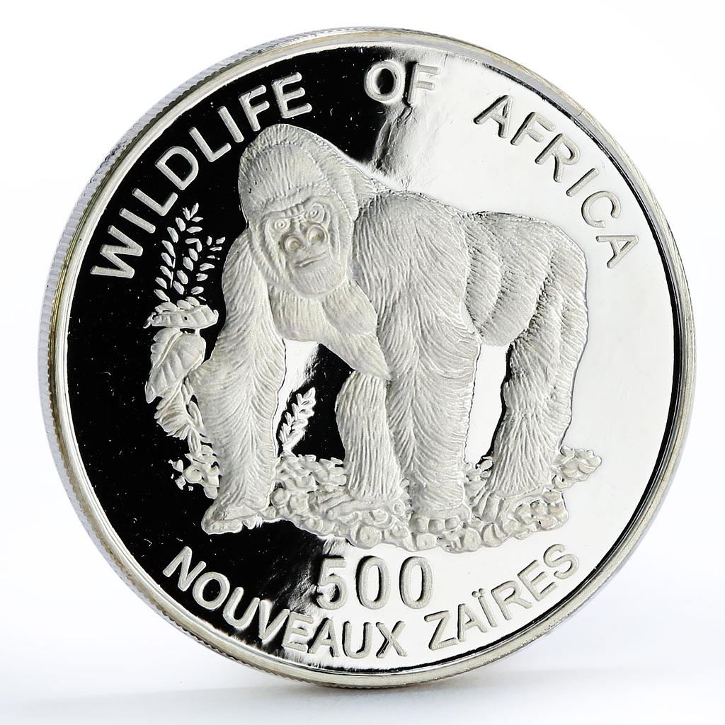 Zaire 500 francs African Wildlife Fauna Gorilla proof silver coin 1996