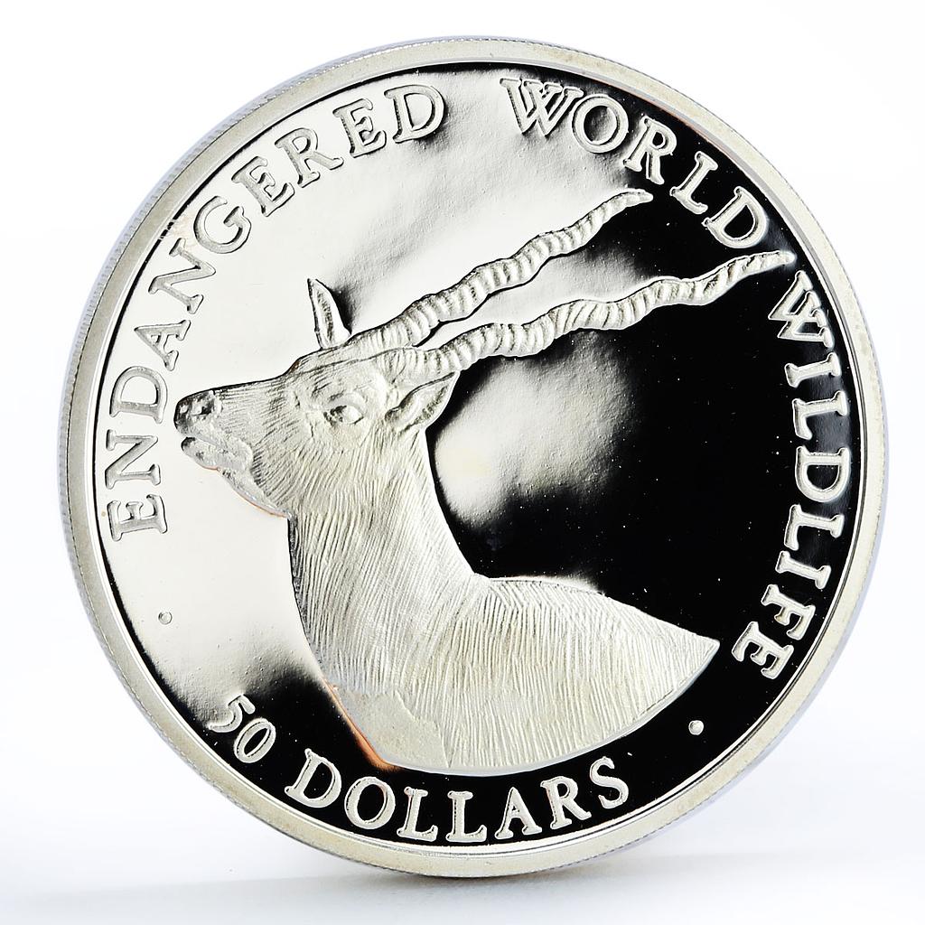Cook Islands 50 dollars Endangered Wildlife Blackbuck Gazelle silver coin 1990