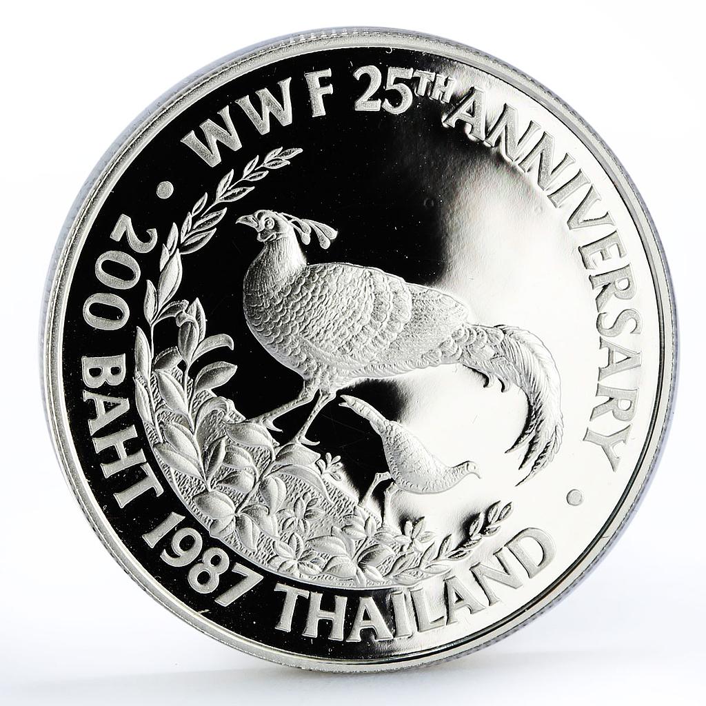 Thailand 200 baht World Wildlife Fund 25th Anniversary Pheasant silver coin 1987