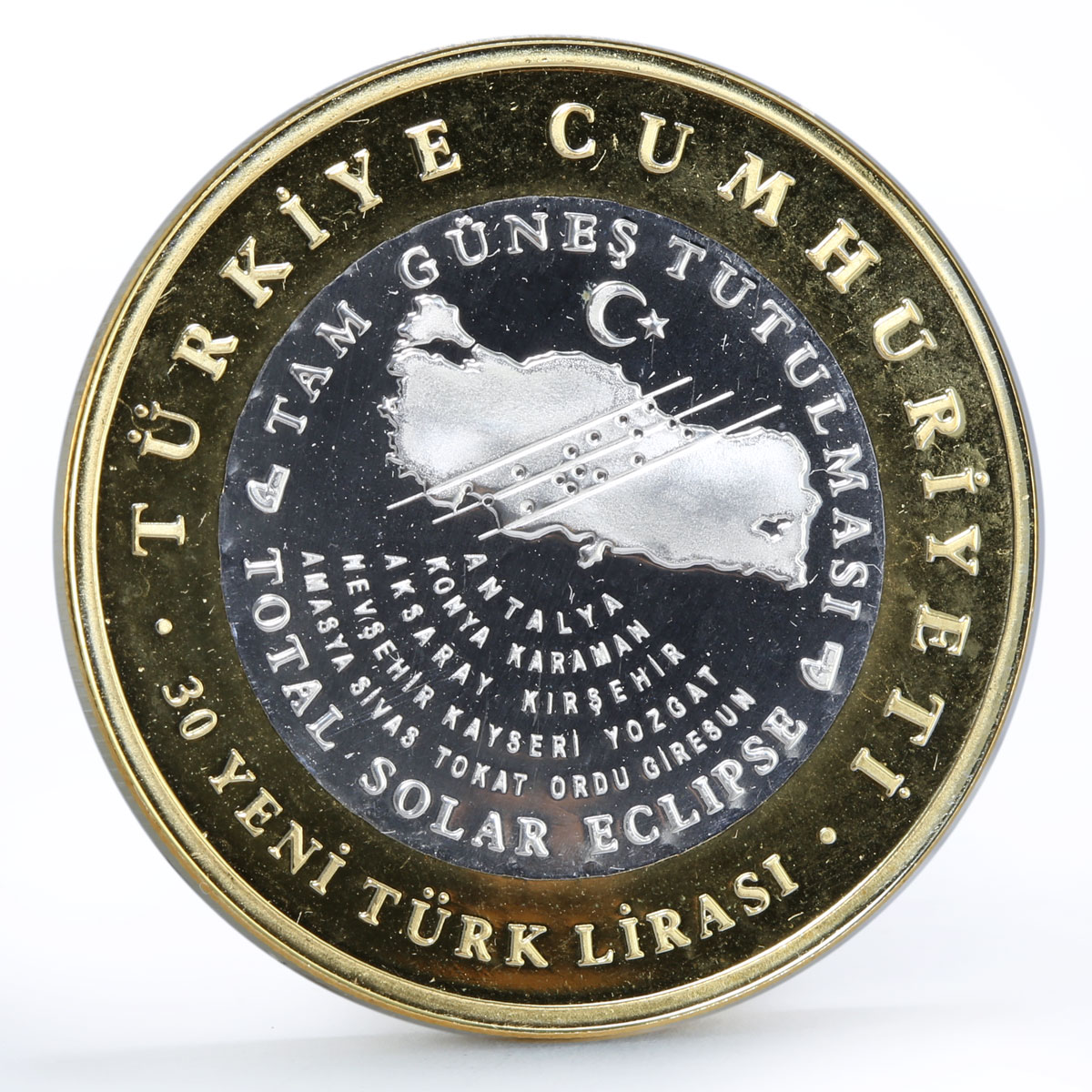 Turkey 30 lira Total Sun Eclipse Space Effect gilded silver coin 2006