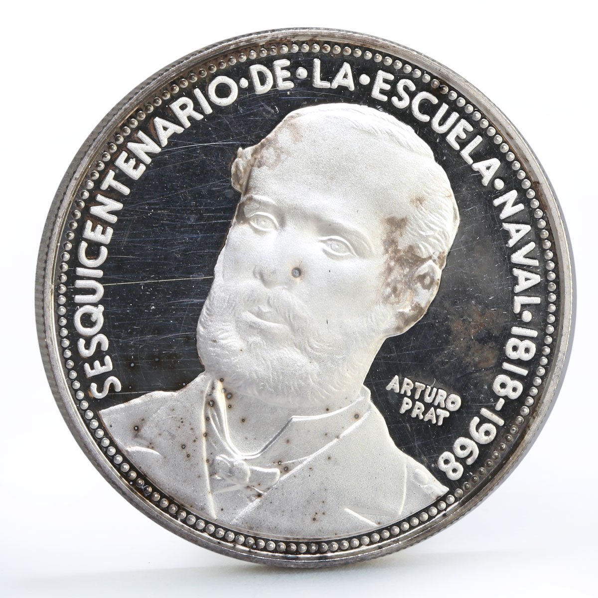Chile 5 pesos 150 Years of Naval Academy Arturo Prat silver coin 1968