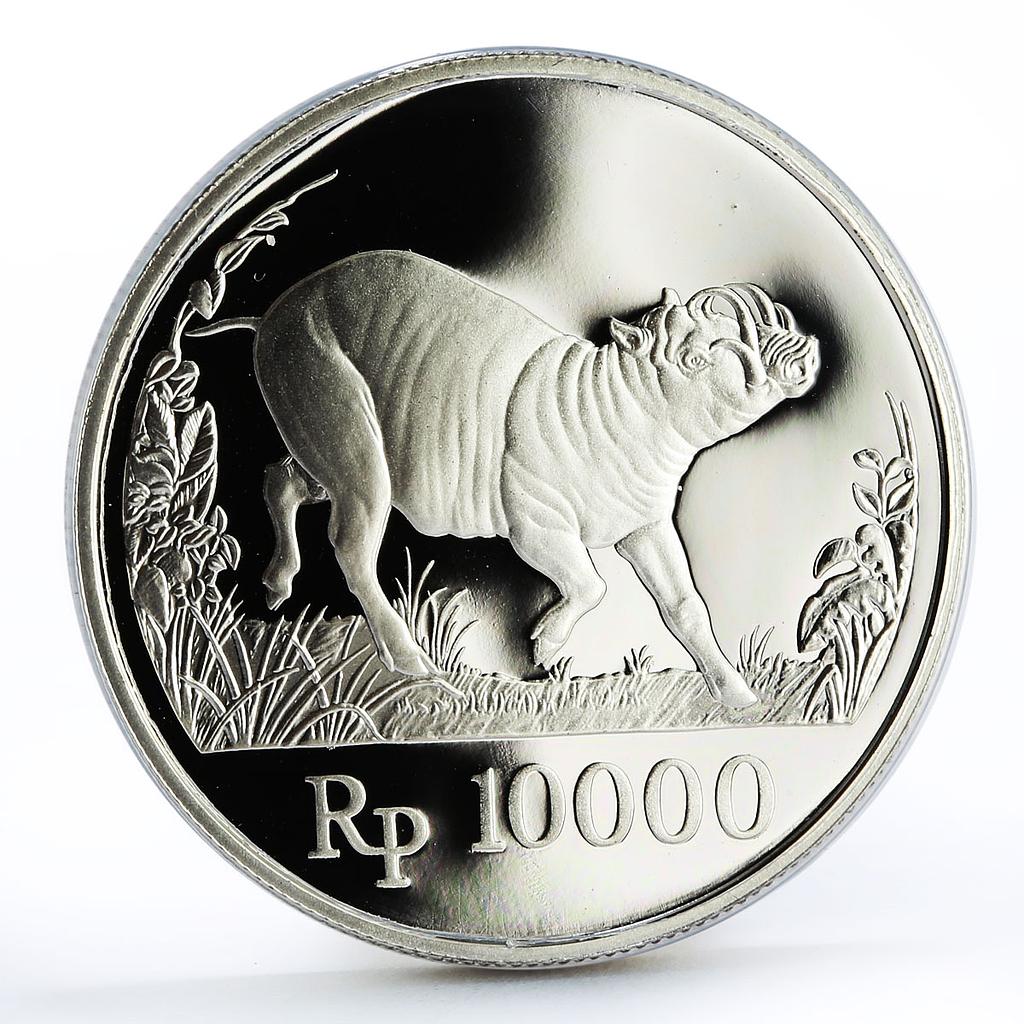 Indonesia 10000 rupiah World Wildlife series Wild Pig proof silver coin 1987