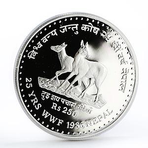 Nepal 250 rupees Endangered Wildlife Musk Deer Animals Fauna silver coin 1986