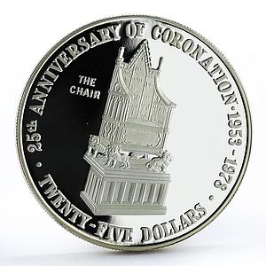 Cayman Islands 25 dollars 25th Coronation Jubilee Royal Chair silver coin 1978