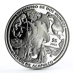 Mexico 5 pesos Acapulco Galleon Ibero-America Ship Clipper silver coin 2003