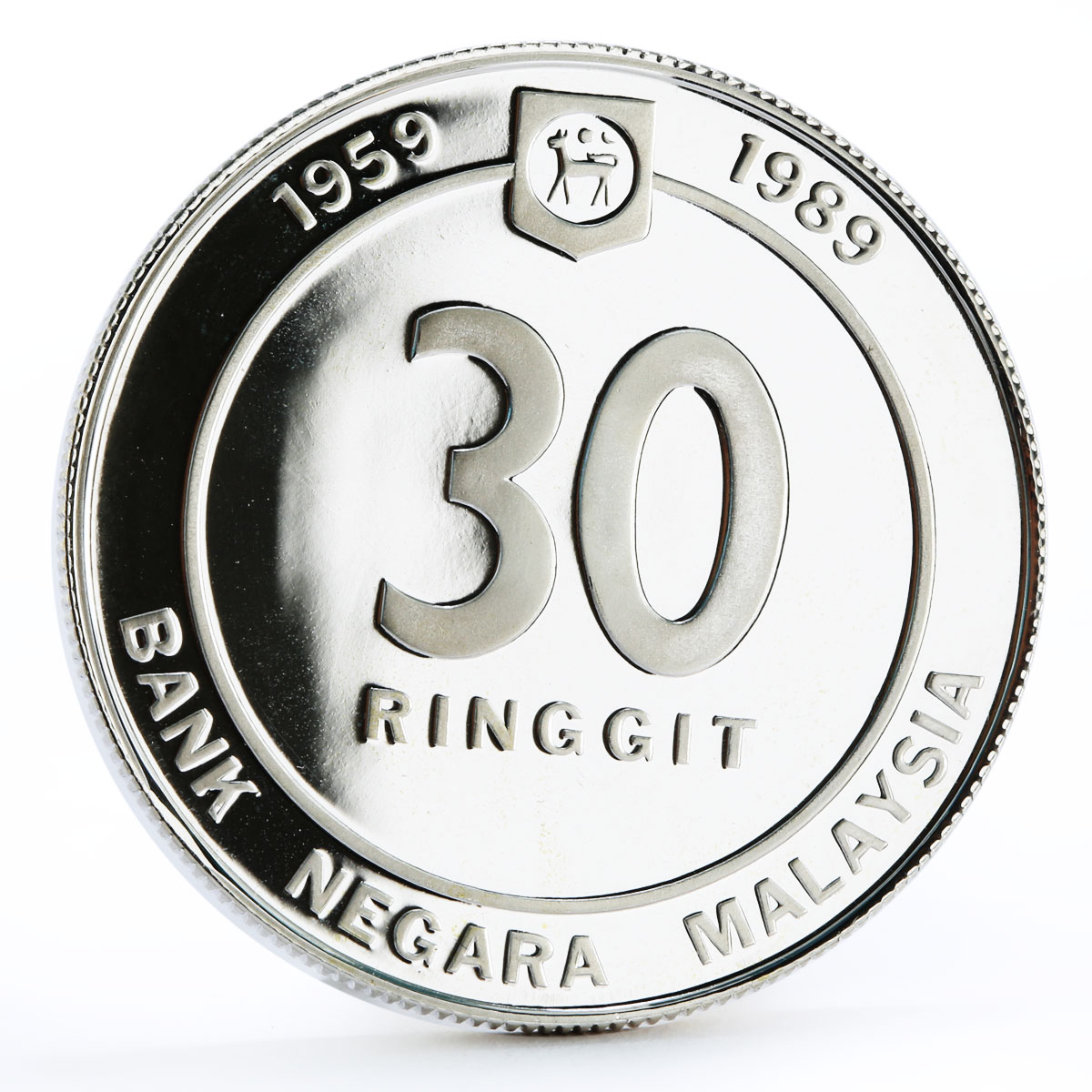 Malaysia 30 ringgit 30th Anniversary of Central Bank proof silver coin 1989