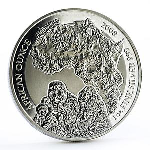 Rwanda 50 francs African Ounce Wildlife Gorillas Fauna proof silver coin 2008