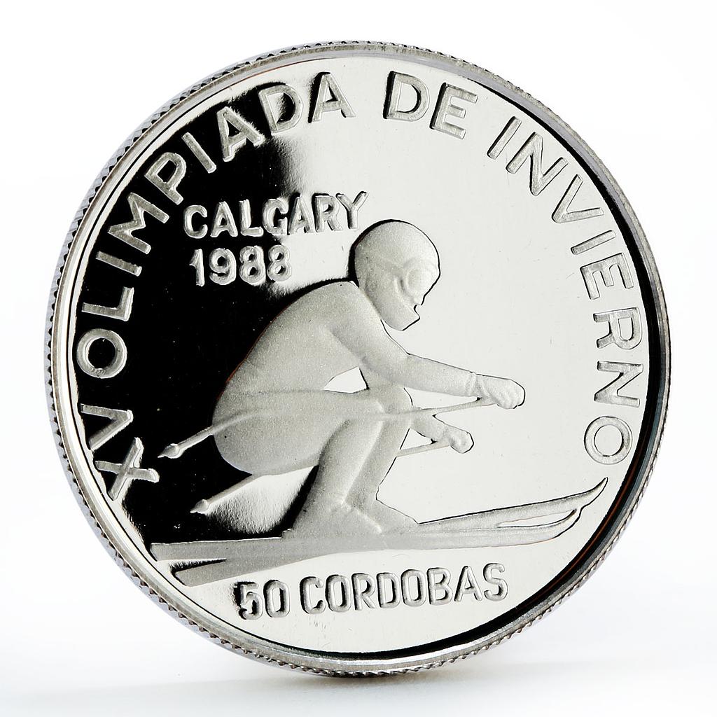 Nicaragua 50 cordobas Calgary Winter Olympic Games series Skier silver coin 1988