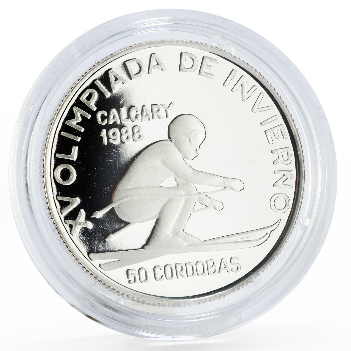 Nicaragua 50 cordobas Calgary Winter Olympic Games series Skier silver coin 1988