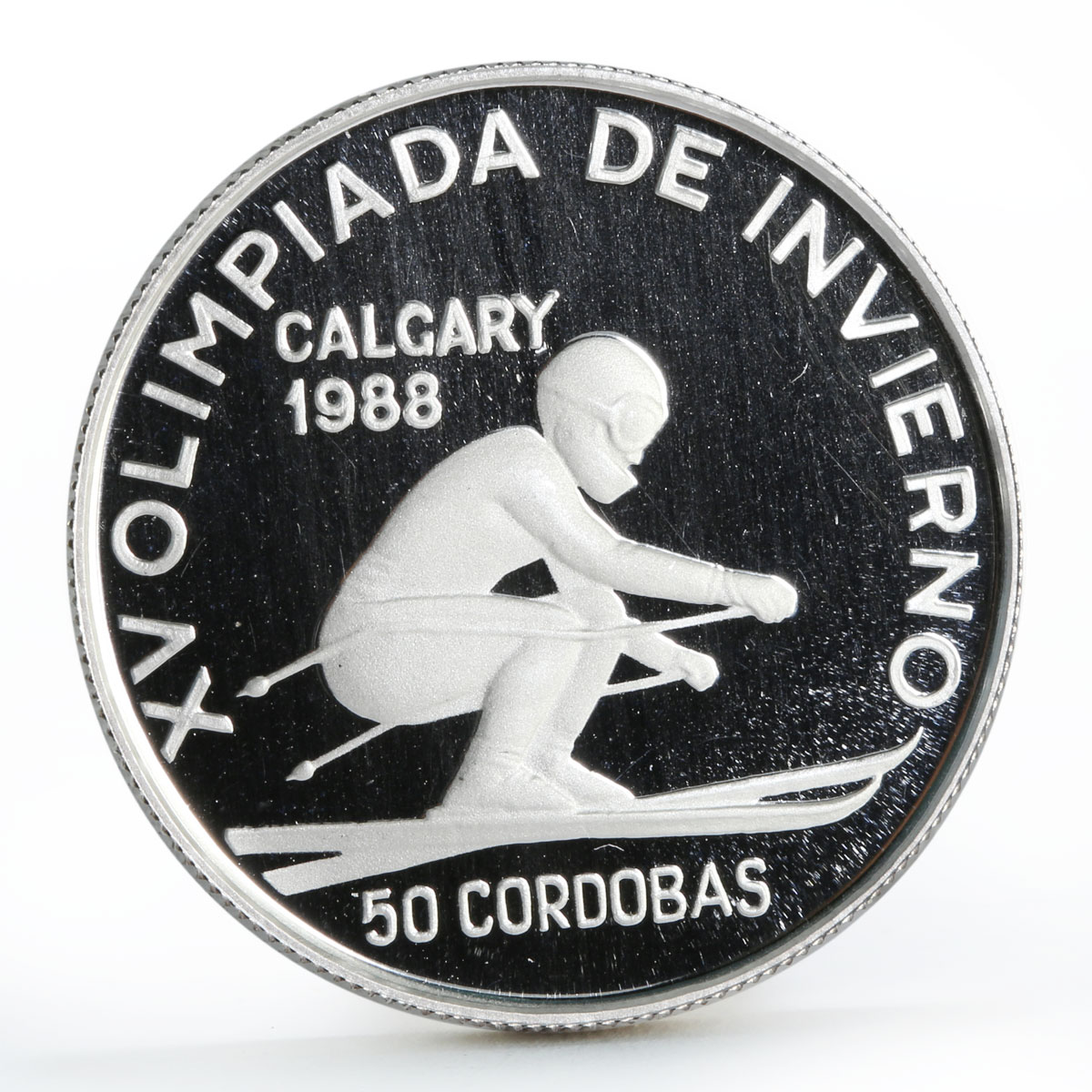 Nicaragua 50 cordobas Calgary Winter Olympic Games series Skier silver coin 1988