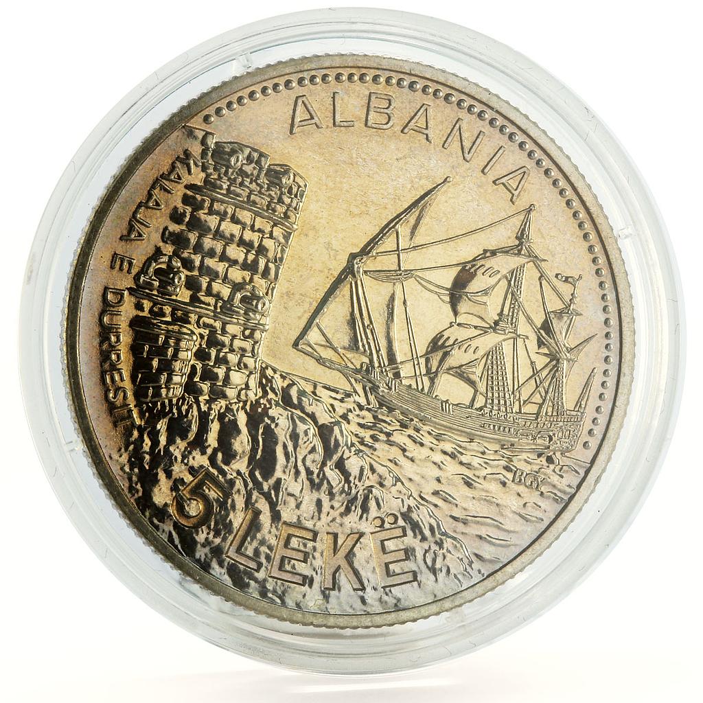 Albania 5 leke Seaport of Durazzo Ship Clipper CuNi coin 1987