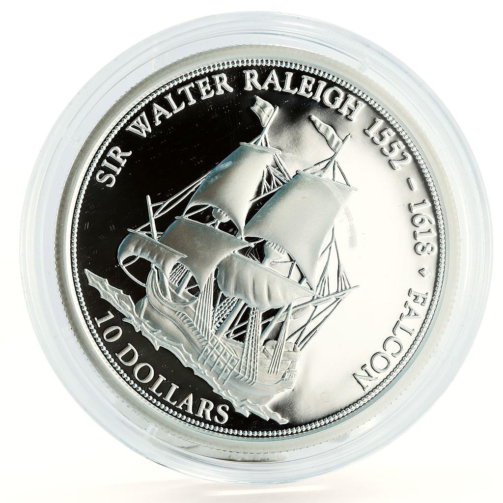 Fiji 10 dollars Falcon Sir Walter Raleigh Sailing Ship proof silver coin 2004