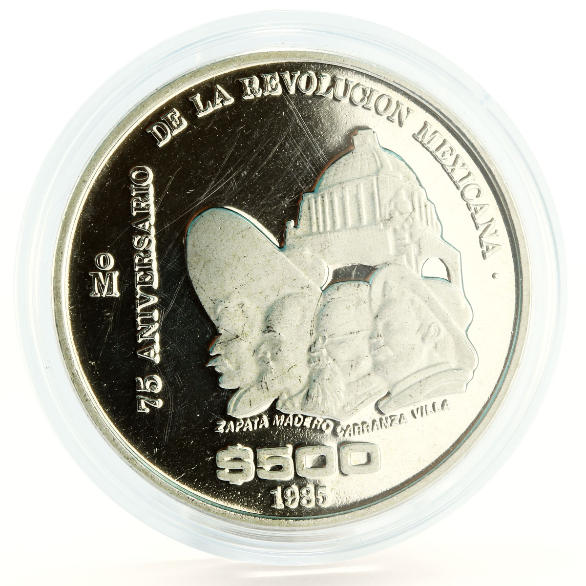 Mexico 500 pesos 75th Anniversary of 1910 Revolution proof silver coin 1985