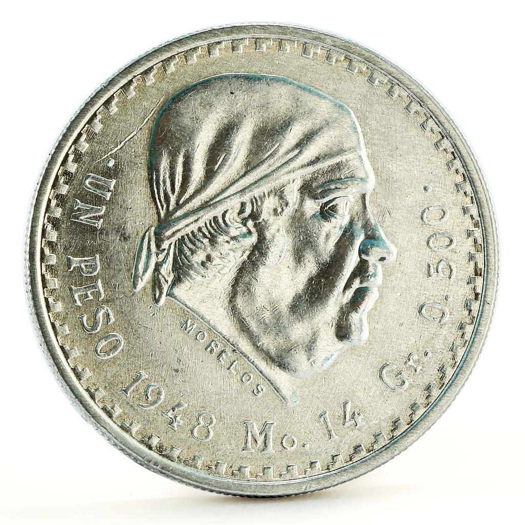 Mexico 1 peso Morelos Independence War silver coin 1948