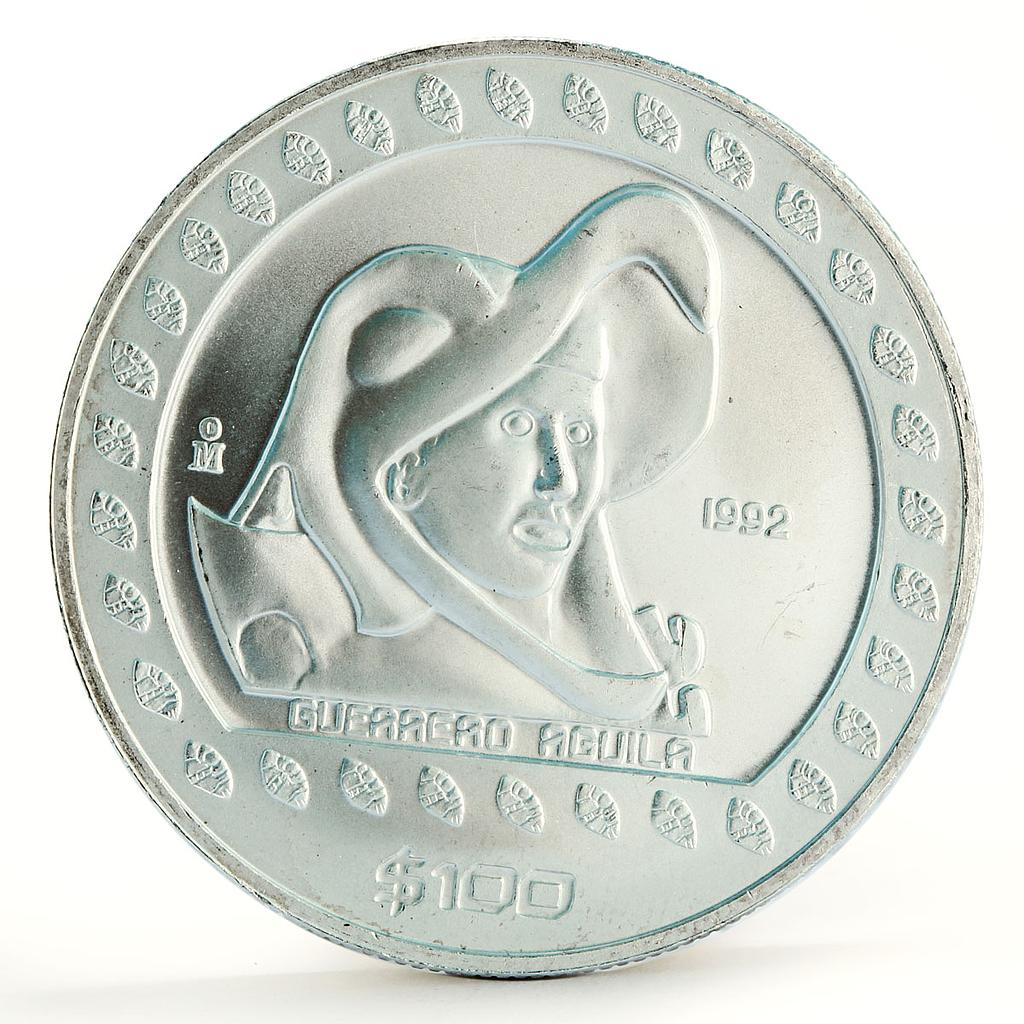 Mexico 100 pesos Guerrero Aguila Eagle Warrior silver coin 1992