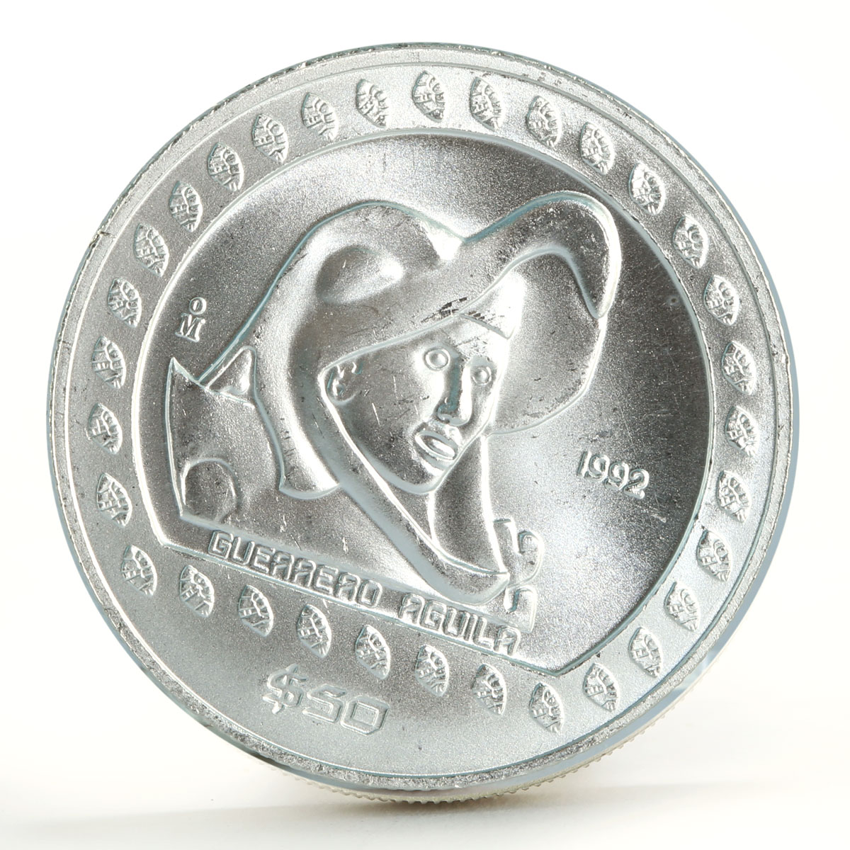 Mexico 50 pesos Guererro Aguila The Eagle Warrior silver coin 1992