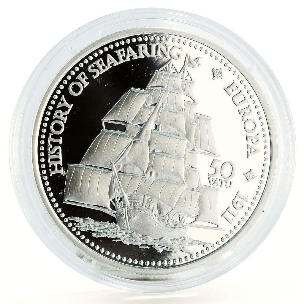 Vanuatu 50 vatu History of Seafaring Ship Europe Clipper silver coin 2008