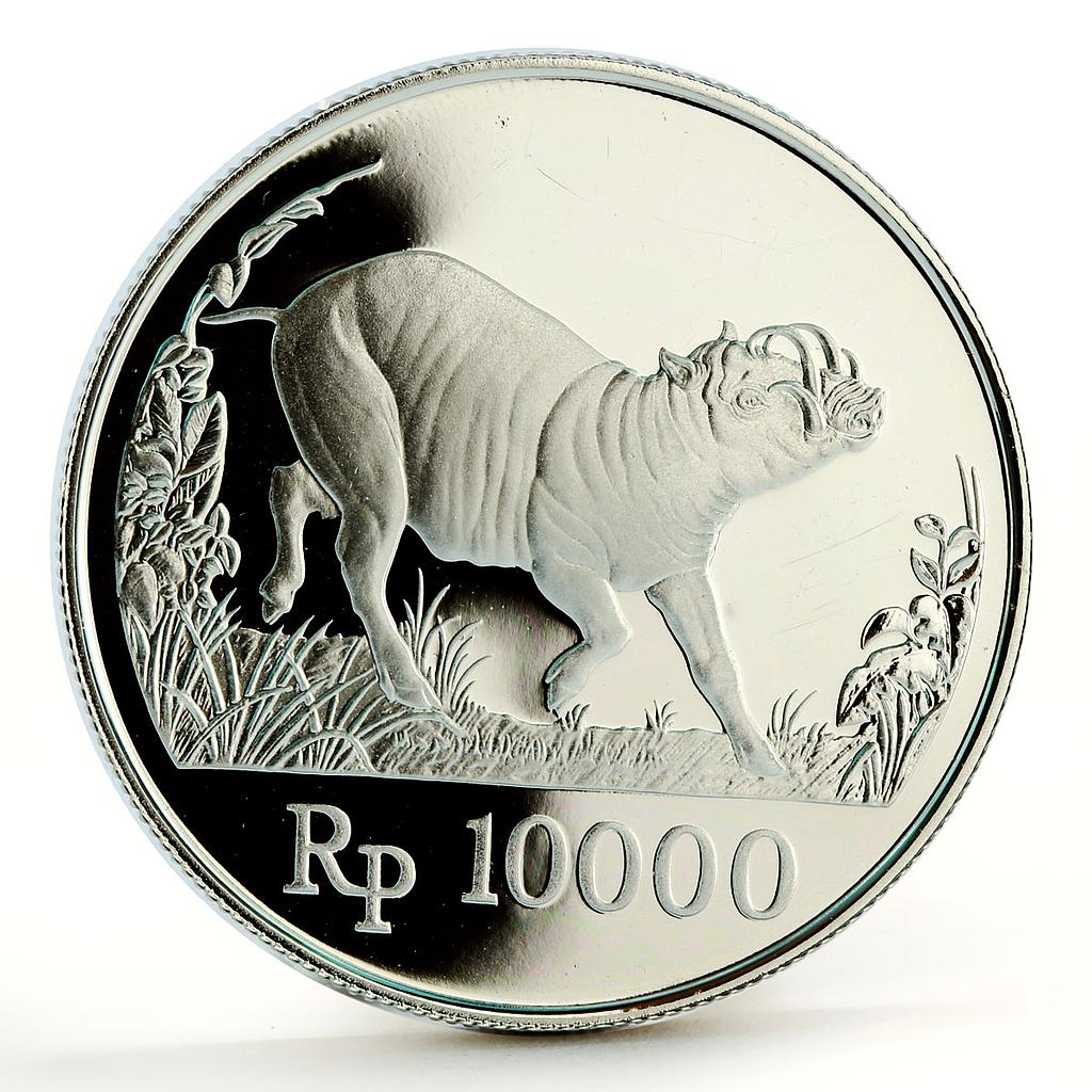 Indonesia 10000 rupiah World Wildlife series Wild Pig proof silver coin 1987