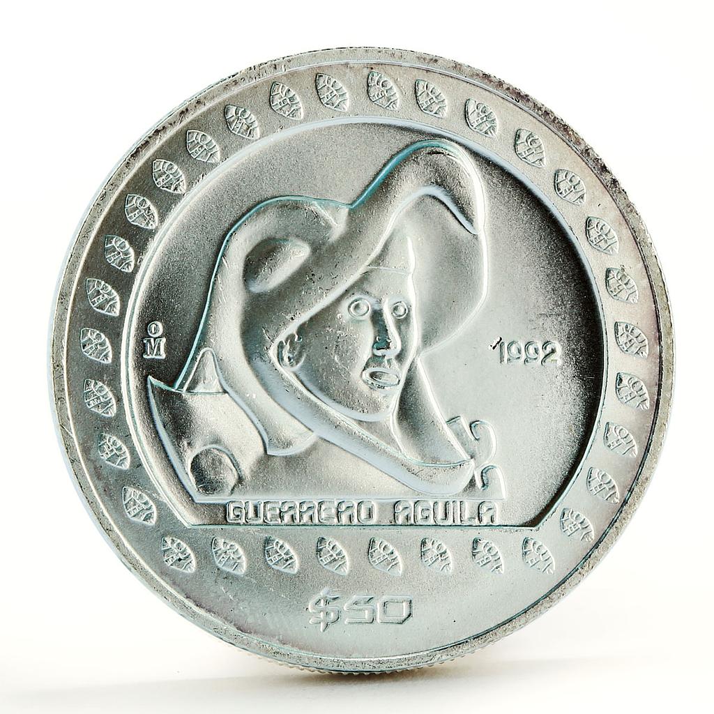 Mexico 50 pesos Guererro Aguila Eagle Warrior silver coin 1992