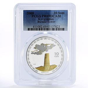 Kyrgyzstan 10 som Burana Tower Map PR69 PCGS silver coin 2008