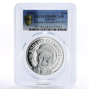Liberia 10 dollars Baseball Star Roberto Clemente PR68 PCGS silver coin 1994