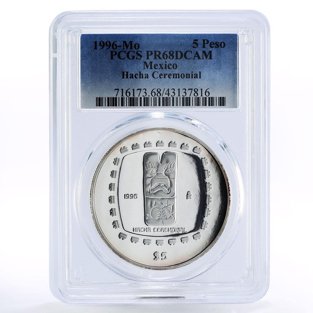 Mexico 5 pesos Precolombina Hacha Ceremonial Statue PR68 PCGS silver coin 1996