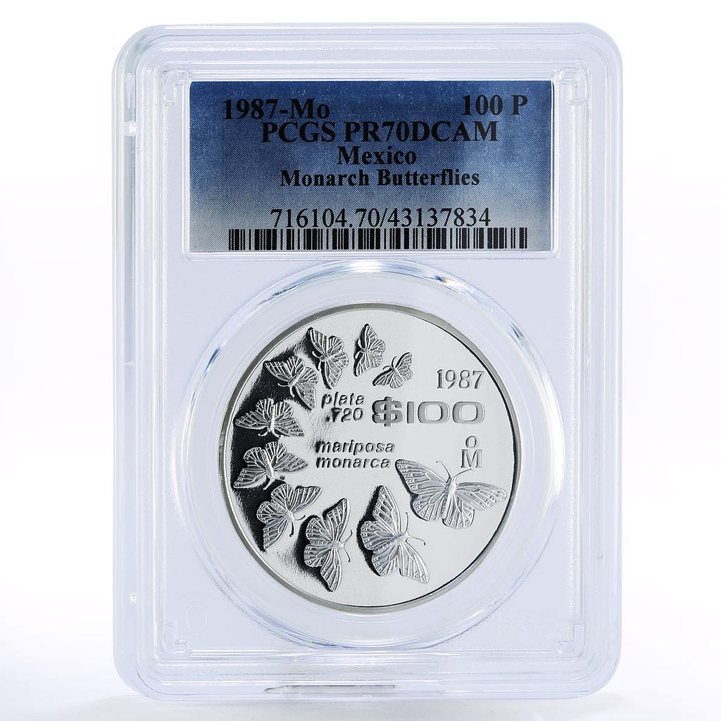 Mexico 100 pesos World Wildlife Monarch Butterfly PR70 PCGS silver coin 1987