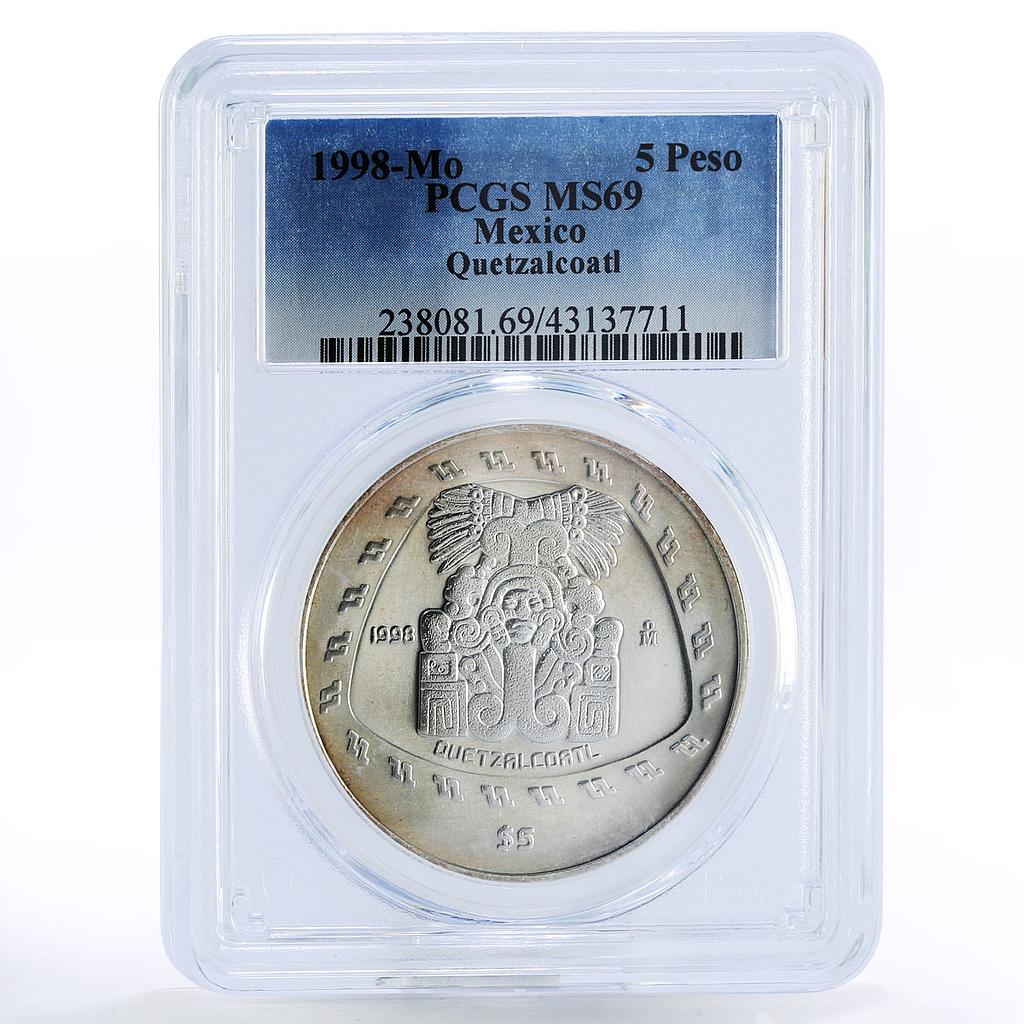 Mexico 5 pesos Precolombina Quetzalcoatl Toltec MS69 PCGS silver coin 1998