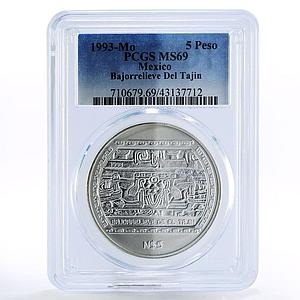 Mexico 5 pesos Precolombina Bajo de el Tajin MS69 PCGS silver coin 1993