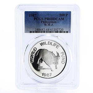 Philippines 200 piso WWF series Mindoro Buffalo Bull PR68 PCGS silver coin 1987