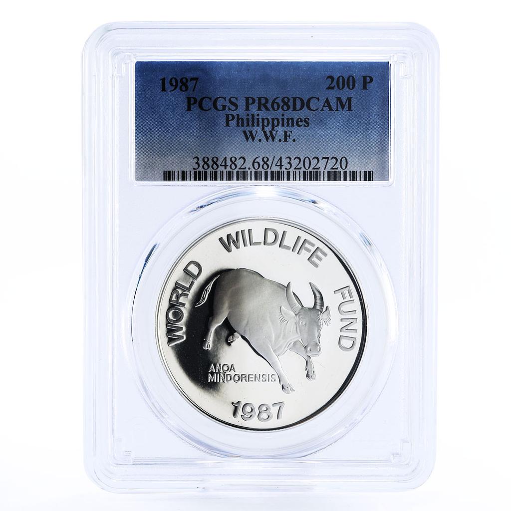Philippines 200 piso WWF series Mindoro Buffalo Bull PR68 PCGS silver coin 1987