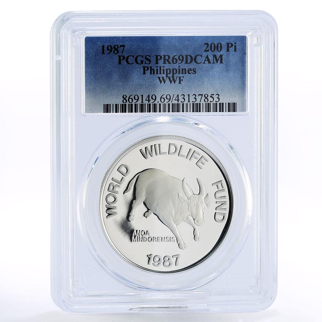 Philippines 200 piso WWF series Mindoro Buffalo Bull PR69 PCGS silver coin 1987
