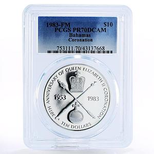 Bahamas 10 dollars Coronation Jubilee Royal Symbols PR70 PCGS silver coin 1983