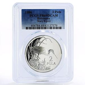Botswana 2 pula Wildlife Fund Sluty Egret Bird PR69 PCGS silver coin 1986